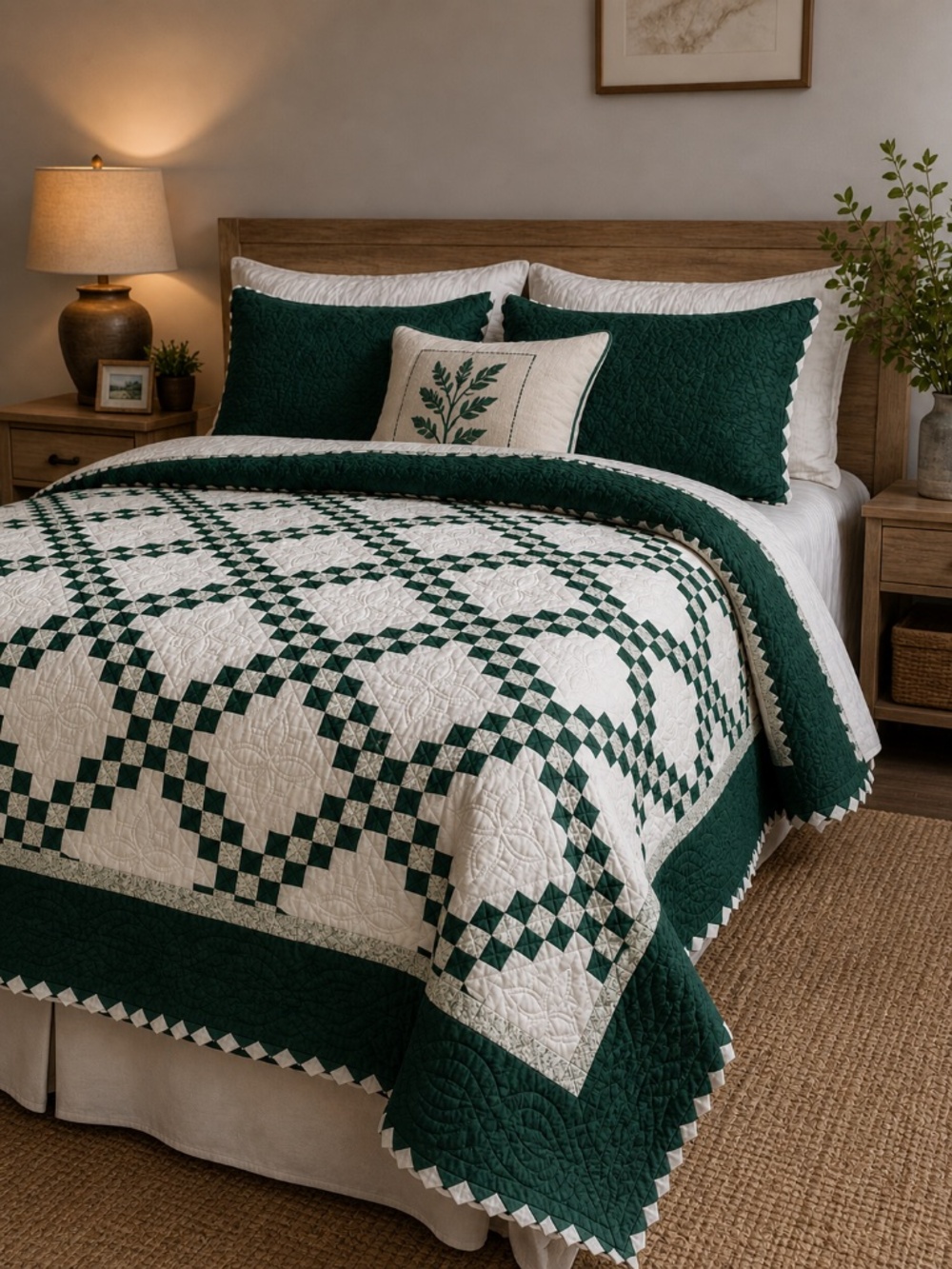 Handmade Green & White Patchwork Quilt | Queen/King Size | Cottagecore Bedding